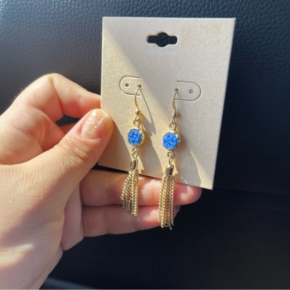Gold and blue nickel free drop down chain earrings  2.5 inches - Picture 1 of 8